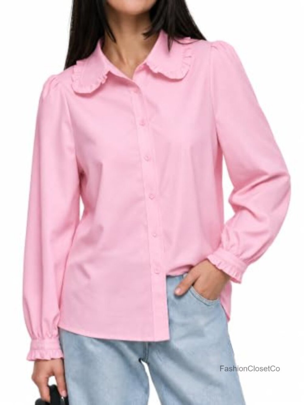 Peter Pan Collar Button Down Blouse Puff Sleeve Ruffle